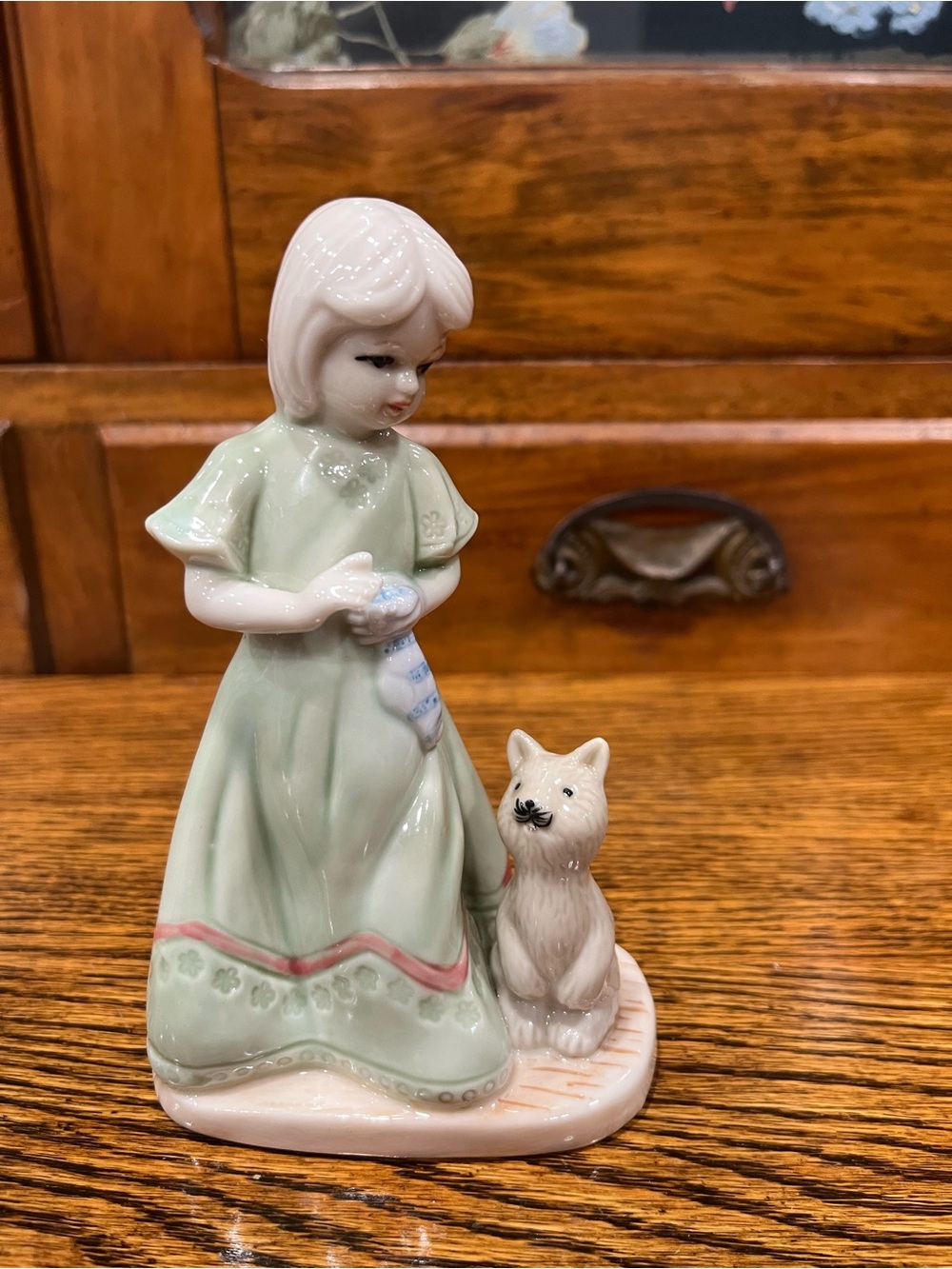 Vintage K’s Collection Girl & Cat Figurine – 1990s Shabby Chic Cottagecore